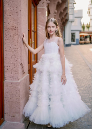 White Tulle Ruffled Fairytale Flower Girl Dress